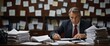 © HumblePride - The Weight of Responsibility: A seasoned businessman, immersed in a sea of paperwork, diligently tackles a demanding workload in his cluttered office.