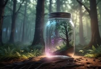 Wall Mural - A mason jar containing iridescent dust emits a soft, ethereal light in the center of a mystical forest, magical aura, mystical energy, glow