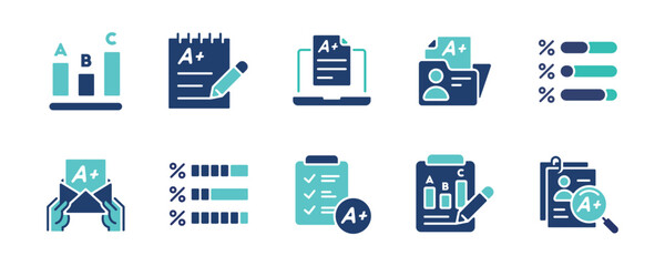 Aufkleber - quiz exam score grade icon set questionnaire evaluation result data analysis signs vector illustration