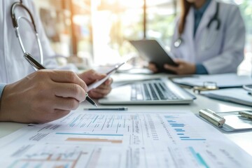 nurse and manager analyzing medical data, bills, and hospital codes