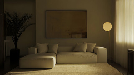 Wall Mural - Minimalist living room with a white sectional, a neutral-toned rug, and soft ambient lighting from a tall floor lamp