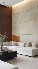 Wall Mural - Minimalist living room with a white modular sofa, simple neutral wall decor, and a sleek black coffee table