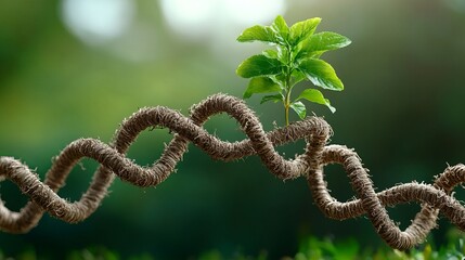 Wall Mural - A vibrant green sprout emerges from a twisted, textured vine, symbolizing growth and resilience against a softly blurred natural background.