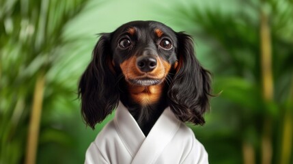 Karate-practicing dachshund in vibrant green nature.