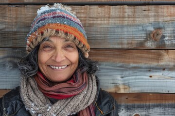 Wall Mural - Portrait of a cheerful indian woman in her 60s dressed in a warm ski hat in rustic wooden wall