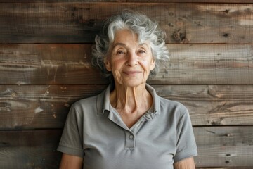 Wall Mural - Portrait of a satisfied woman in her 80s wearing a sporty polo shirt isolated on rustic wooden wall