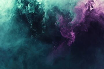 Wall Mural - Abstract composition of swirling teal and purple smoke-like textures blending in a dark background, creating a mysterious and ethereal atmosphere