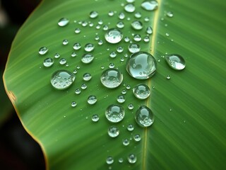 Wall Mural - Water droplets condense and merge into larger droplets on a banana leaf's surface, water droplets, surface, condensation