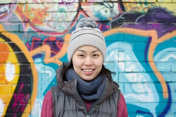 Wall Mural - Portrait of a glad asian woman in her 30s dressed in a thermal insulation vest isolated on colorful graffiti wall