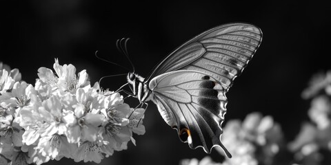 Wall Mural - A close-up shot of a butterfly sitting on a flower, in shades of gray