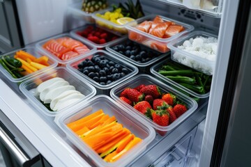 A fully stocked refrigerator with various foods and drinks