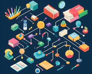 an abstract illustration showcasing various elements of knowledge and creativity, combining books, t