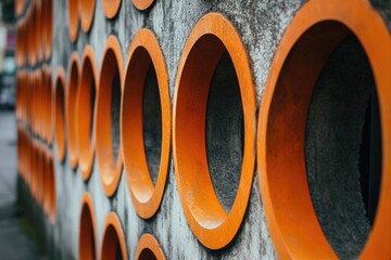 Poster - A concrete wall with orange circles painted or stuck on it