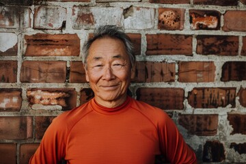 Wall Mural - Portrait of a cheerful asian man in his 60s showing off a lightweight base layer over vintage brick wall