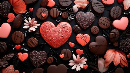 Wall Mural - Chocolates romantic gestures. A vibrant assortment of heart-shaped chocolates, flowers, and decorative elements, perfect for celebrations and romantic occasions.