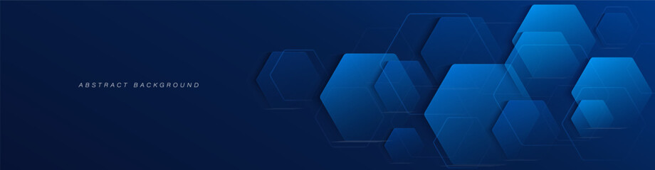 Wall Mural - Abstract geometric hexagon shapes on blue background. Modern hexagonal pattern design elements. Medical, technology and science concept. Space for your text. Vector illustration