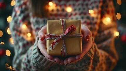 Canvas Print - A person holding a wrapped gift in front of a decorated Christmas tree