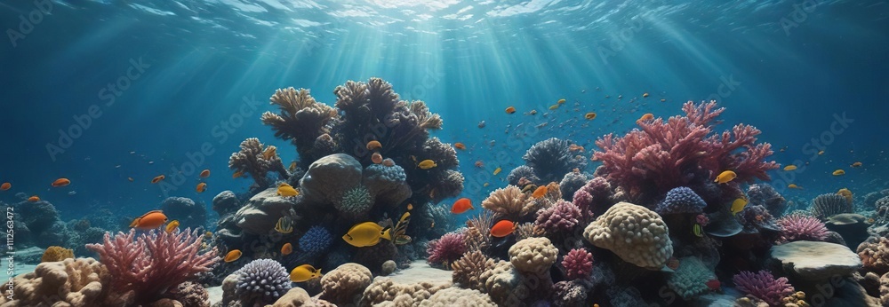 Lively underwater scene filled with colorful fish and vibrant corals in ...