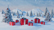 ©  Mohammad Xte - Serene Winter Landscape with Snow-Covered Trees, Snowfall, and Distant Mountains, Red Gift Boxes with Ribbons in Snowy Foreground, Fluffy White Trees with Red Ornaments, Soft Blue Sky and Peaceful