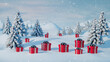 ©  Mohammad Xte - Serene Winter Landscape with Snow-Covered Trees, Snowfall, and Distant Mountains, Red Gift Boxes with Ribbons in Snowy Foreground, Fluffy White Trees with Red Ornaments, Soft Blue Sky and Peaceful
