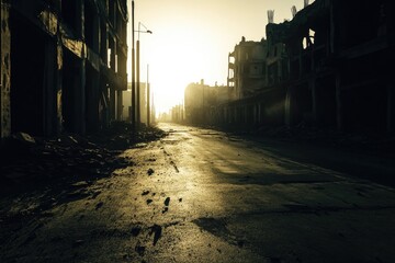 Wall Mural - A city street with buildings and cars at sunset