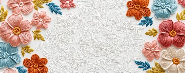 embroidered floral composition textured background, colorful blooms, artisan crafts, textile art emb
