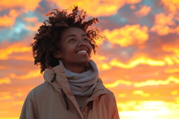 Portrait of a joyful afro-american woman in her 20s wearing a lightweight packable anorak isolated in vibrant sunset horizon