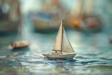 A small toy sailboat sailing peacefully on the surface of a lake or sea