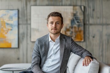 Sticker - Portrait of a content man in his 30s wearing a professional suit jacket isolated on modern minimalist interior