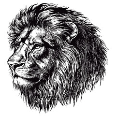 Wall Mural - Lions Head Detailed Vintage Engraving Illustration on White Background with Intricate Texture Classic Wildlife Art Antique Style Majestic Animal Graphic Vintage Nature Design
