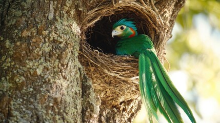 Wall Mural - A small green bird perched on its nest in a tree, surrounded by leaves and branches