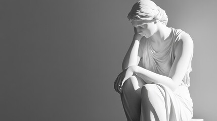 Fine art photo of white female statue, graceful pose, isolated white space, strong highlights and shadows