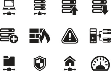 Collection of web hosting silhouette icon set for web and mobile applications. Vector illustration