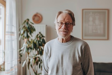 Sticker - Portrait of a content caucasian man in his 70s showing off a lightweight base layer in modern minimalist interior