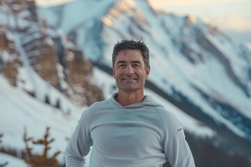 Wall Mural - Portrait of a glad man in his 40s donning a trendy cropped top isolated in snowy mountain range