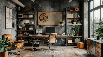 Wall Mural - Industrial Fusion: Stylish Working Room with Metal and Wood Elements