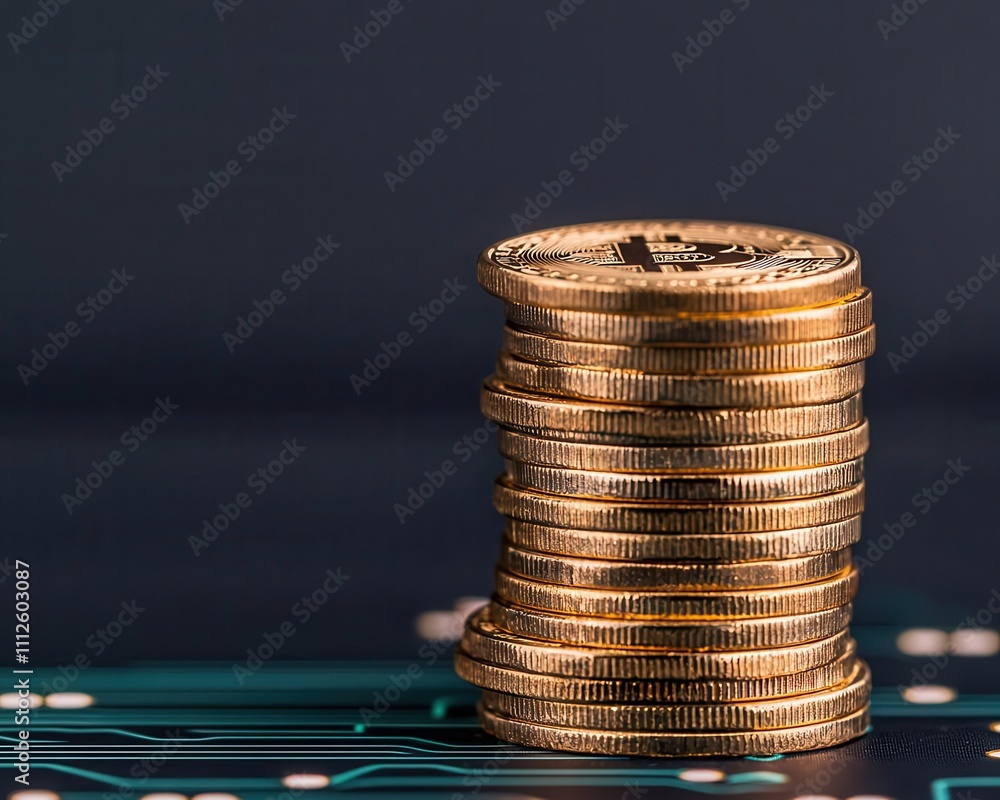 Glowing Western Union logo over a stack of digital coins, representing ...