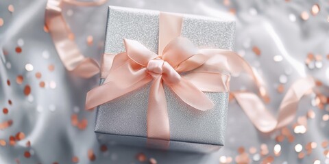 Silver ribboned gift box decorated with Peach ribbon 