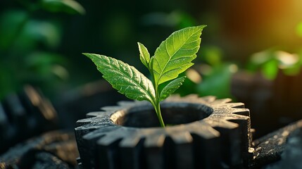 A vibrant green sprout with two leaves emerges from a rusty gear, symbolizing growth and resilience in the face of industrial surroundings.