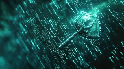 A symbolic representation of a shield and key floating above binary code