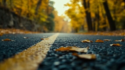 Sticker - Amidst the trees, a yellow line divides the road as it passes through the forest.