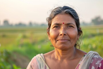 Wall Mural - Portrait of a content indian woman in her 40s sporting a breathable mesh jersey while standing against quiet countryside landscape