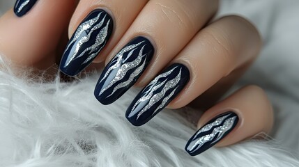 Canvas Print - A dramatic nail art style with silver glitter flames on deep navy blue nails, perfect for a bold statement