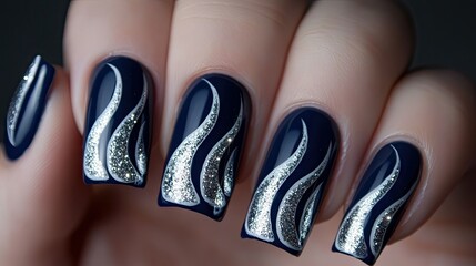 Canvas Print - A dramatic nail art style with silver glitter flames on deep navy blue nails, perfect for a bold statement