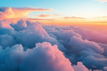 Wall Mural - flying in bright clouds over sea in bright sunset colors. generative ai