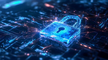 Digital padlock glowing in cyberspace illustrates data protection and security concepts with binary codes and network connections
