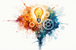 © Cozy Coffee Bar - Light bulb shining over gears on colorful watercolor splashing representing idea generation