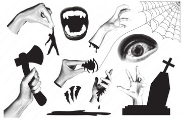 Aufkleber - Trendy vintage collage conception with symbols set. Halftone collection with open vampire mouth, fear eye, hands holds human, spader, zombies at cemetery in retro pop art style. Vector illustration.