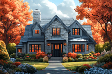 Wall Mural - Stone House Autumn Landscape Charming Home