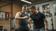 © Qrryferry - A personal trainer guiding a client through an exercise routine in a gym. The background shows workout equipment and fitness posters on the walls